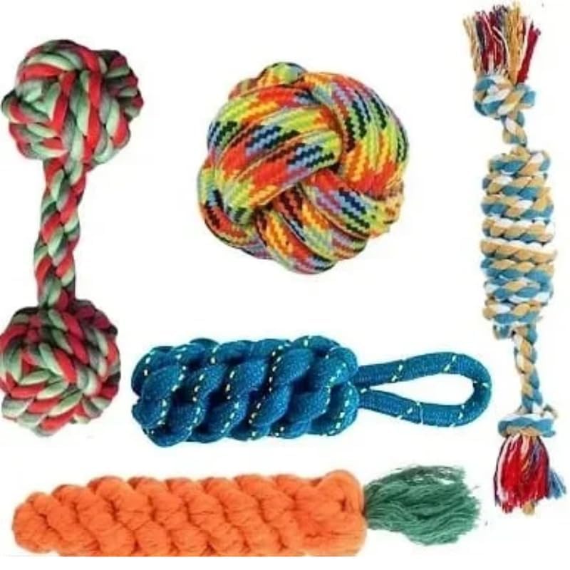 Image of Dog Rope Toys for Large & Medium Aggressive Chewers | Heavy-Duty Indestructible Natural Cotton Tug & Chew Rope Toys with Easy-Hold Handle | Durable Dog Chew Toys | Set of 5