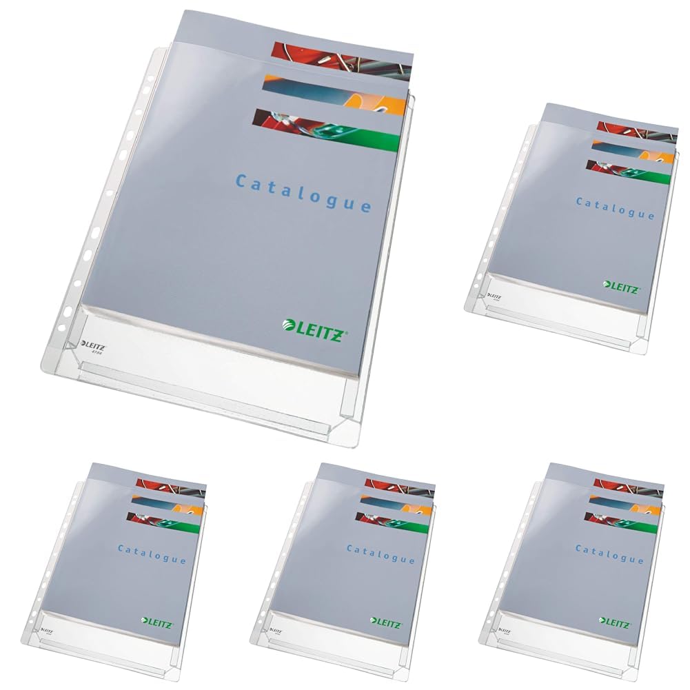 Leitz Standard Maxi Prospekthüllen-Set, 5 Stück, A4 Format, Ausdehnbar, Kapazität für 200 Blatt, 0,17 mm PVC-Weichfolie, Obere Öffnung, 47563003 (Packung mit 5)