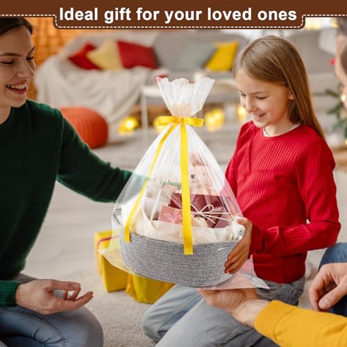 Image of OIAHOMY Gift Basket with Handle, Small Woven Basket with Gift Bag, Ribbon and Wrap Tissue Paper, Nursery Bins Empty to Fill with Small Items, Baby, Pet Toy Organizer - Grey