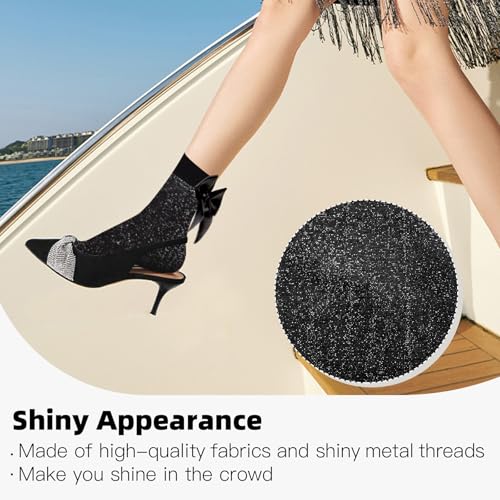 MANZI 3 Pairs Women's Glitter Bow Ankle Socks Sparkly Cozy Sheer Black Crew Socks with Cute Satin Bows Lace Girly Metallic Shimmer Short Stockings4