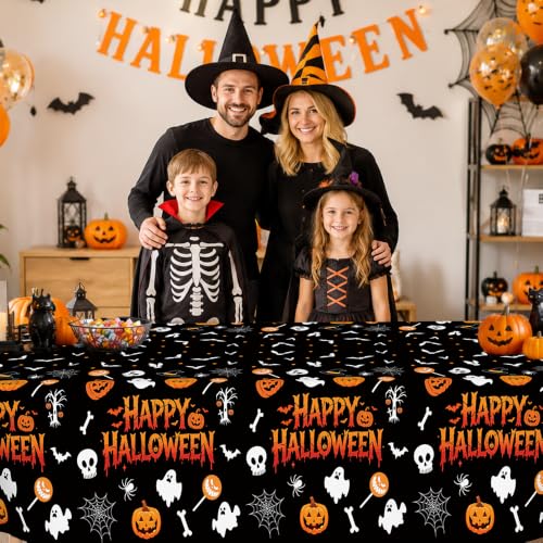 Image of Halloween Tablecloth Party Decorations - 8 PCS Happy Halloween Tablecloth Disposable, Plastic Black and Orange Pumpkin Ghost Table Cloth Cover Rectangle for Halloween Party Decor Supplies, 54 inch x 108 inch
