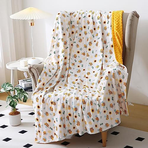 Daysu Silky Micro Soft Plush Baby Blankets Unisex With Print Animal Pattern And Soothing Raised Dots, Double Layer Bed Throws For Toddler Cot, Bee, Yellow, 50X60 Inches #TOP2