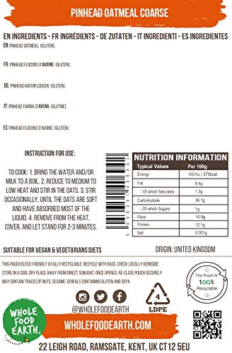 Wholefood Earth Pinhead Oatmeal Coarse Stabilised 3 kg | GMO Free | High Fibre
