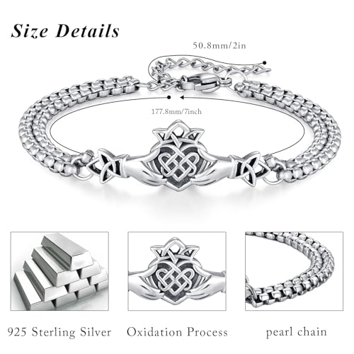 CUOKA MIRACLE Claddagh Bracelet for Men, Sterling Silver Irish Jewelry Couple Claddagh Heart Bracelets Birthday Jewelry Gift Adjustable Link Lucky Charm Bracelets4