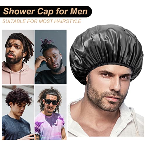 Aquior Shower Cap, Extra Large Shower Cap For Men, Satin Eva Double Layer Waterproof Reusable Hair Cap For Women Long Hair(All Black 4 Pack) #TOP6
