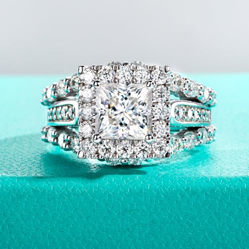 AnuClub Princess/Cushion/Oval Cut Moissanite Engagement Rings 3-3.884cttw D Color VVS1 925 Sterling Silver 3 Rows Vintage Halo Wedding Promise Statement Rings for Women with Certificate2