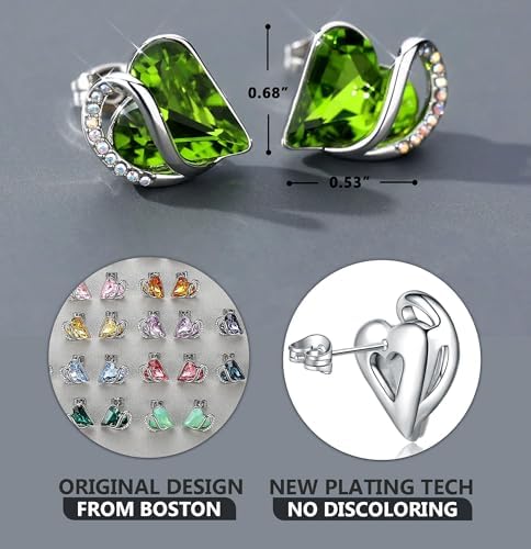 Leafael Infinity Love Heart Stud Earrings for Women, August Birthstone Crystal Peridot Green, Gifts for Mom, Wife, and Her, Silver Tone - 2
