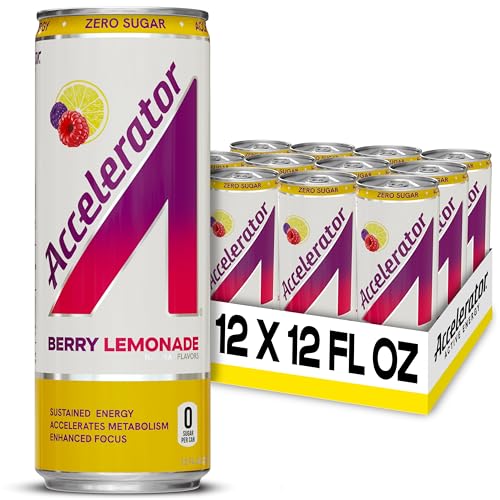 Accelerator Active Energy Drink Sugar Free Zero Carbs, Berry Lemonade 12oz can(12 pack) Enhanced Focus & Sustained Energy from 100% Natural Caffeine (200mg), Ashwagandha, Coq10 & Green Tea Extract