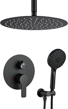 Matte Black Shower System With 12 Inches Rainfall Head and Handheld Set, High Pressure Faucet With Brass Valve for Bathroom Ceiling Mounted Fixture