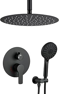 Matte Black Shower System With 12 Inches Rainfall Head and Handheld Set, High Pressure Faucet With Brass Valve for Bathroom Ceiling Mounted Fixture
