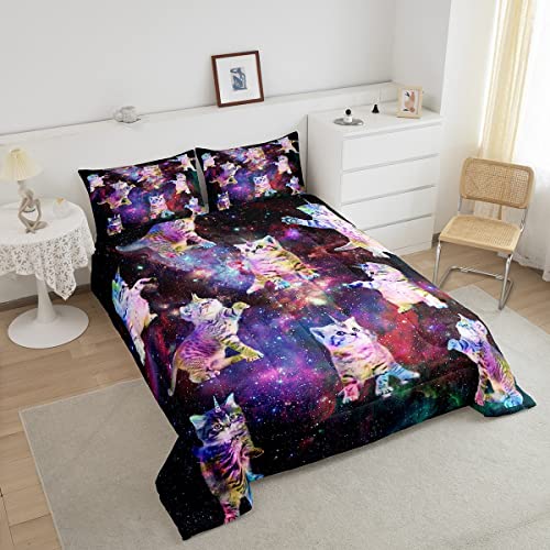 Galaxy Unicorn Comforter Set Kids Cute Unicorn Cats Bedding Set For Boys Girls Fairy Cartoon Animal Comforter Stars Rainbow Cats Decor Quilt Set Room Decor 3Pcs Full Size #TOP2