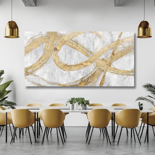 Image of Graffiti Framed Wall Painting Gold Line Art 29 inchx 58 inch Living Room Abstract Artwork Master Bedroom Wall Decor Large Size 29 inchx 58 inch White Picture Print for Walls