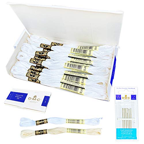 Dmc White Embroidery Floss Kit, 6 Strand 117- Blanc Cottonthread 12/ Pack Bundle With 1Skein Of Each Dmc Ecru/Snow White And Dmc Cross Stitch Needles.premium String/Yarn.friendship Bracelet Supplies #TOP4