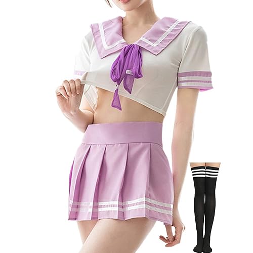 Sexy School Girl Costume Anime Schoolgirl Cosplay Lingerie Uniform Stockings - Purple - Large