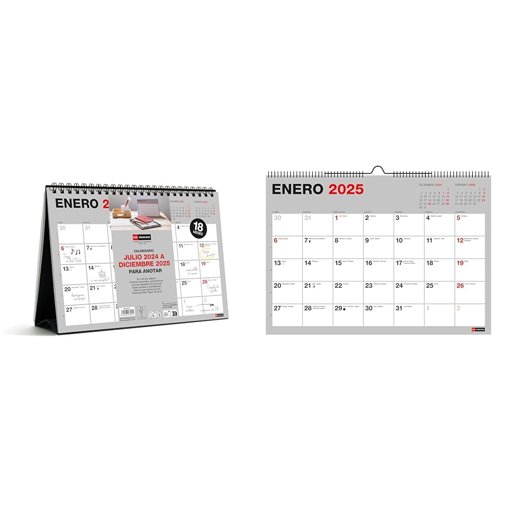 Lote de Miquelrius - Calendario de Sobremesa 18 Meses, Julio 2024 a Diciembre 2025, Tamaño A5, Gris + Calendario de Pared 18 Meses, de Julio 2024 a Diciembre 2025, Tamaño A4, Gris