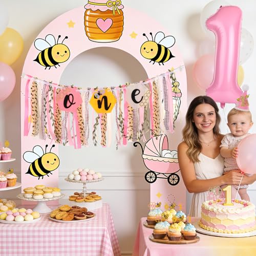 Image of Happy 1st Bee Day Highchair Banner for Girls Birthday Party Decorations | Pink Bumble Bee High Chair Fabric Banner for Bee First Birthday High Chair Tassel Banner for Backdrop Decoration Photo Props