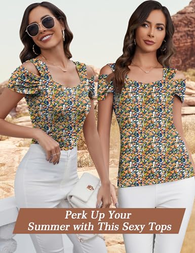 Image of Blingfit Blouses for Women Dressy Casual Sexy V Neck Off Shoulder Cold Shoulder Halter Tops Half Sleeve Shirts for Ladies XL, Blue Orange Flower
