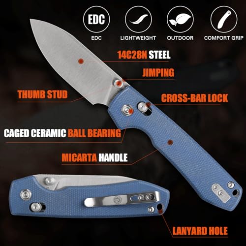 Image of Vosteed Raccoon EDC Pocket Knife - 3.25 inch Sandvik 14C28N Satin Blade - Crossbar Lock, Dark Blue Micarta Handle - Camping, Hiking Knives - A0505