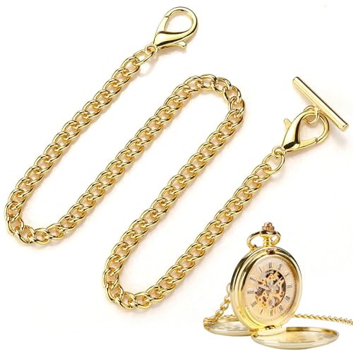 Zephyra Cadena para Reloj de Bolsillo Dorada con Barra en T – Cadena Vintage de 37cm para Hombre y Mujer, Accesorio para Chaleco o Traje, Cadena Metálica con Cierre de Mosquetón