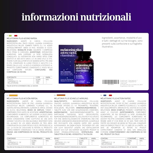 Melatonina Per Dormire Azione Forte - Tecnologia di Tripla Macinazione per un Assorbimento Rapido è a Rilascio Prolungato – 450 Compresse - 1 Mg di Melatonina Pura - Potenziata con Lavanda e Zinco. - 6