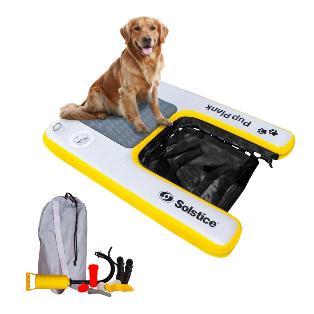 SOLSTICE Piattaforma gonfiabile per cani, per imbarcazioni e banchine, mini, capacità di 13,6 kg, piattaforma galleggiante per animali domestici, per lago, fiume, spiaggia e piscina, con pompa, design