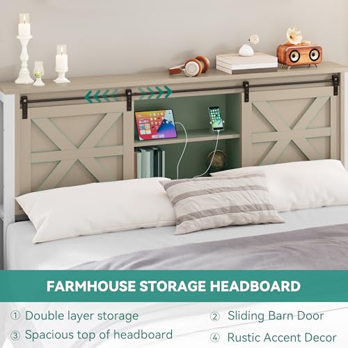 YITAHOME Farmhouse Queen Size Bed Frame with Headboard, Bookcase Storage Shelves, Sliding Barn Door, Charging Station, Rustic Wood Platform Bed, No Box Spring Needed, Oak