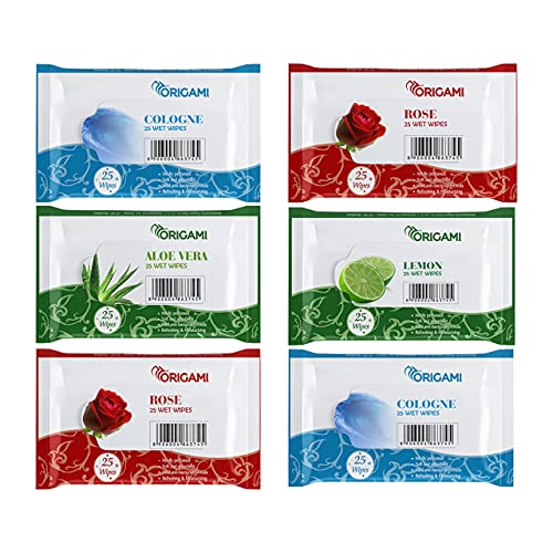 Image of Origami Wet Wipes /Wet Tissue /Wet Facial Tissue - 15 x 20 cm - 25 Pulls Per Pack - Pack of 6-150 Wipes - Assorted Fragrances