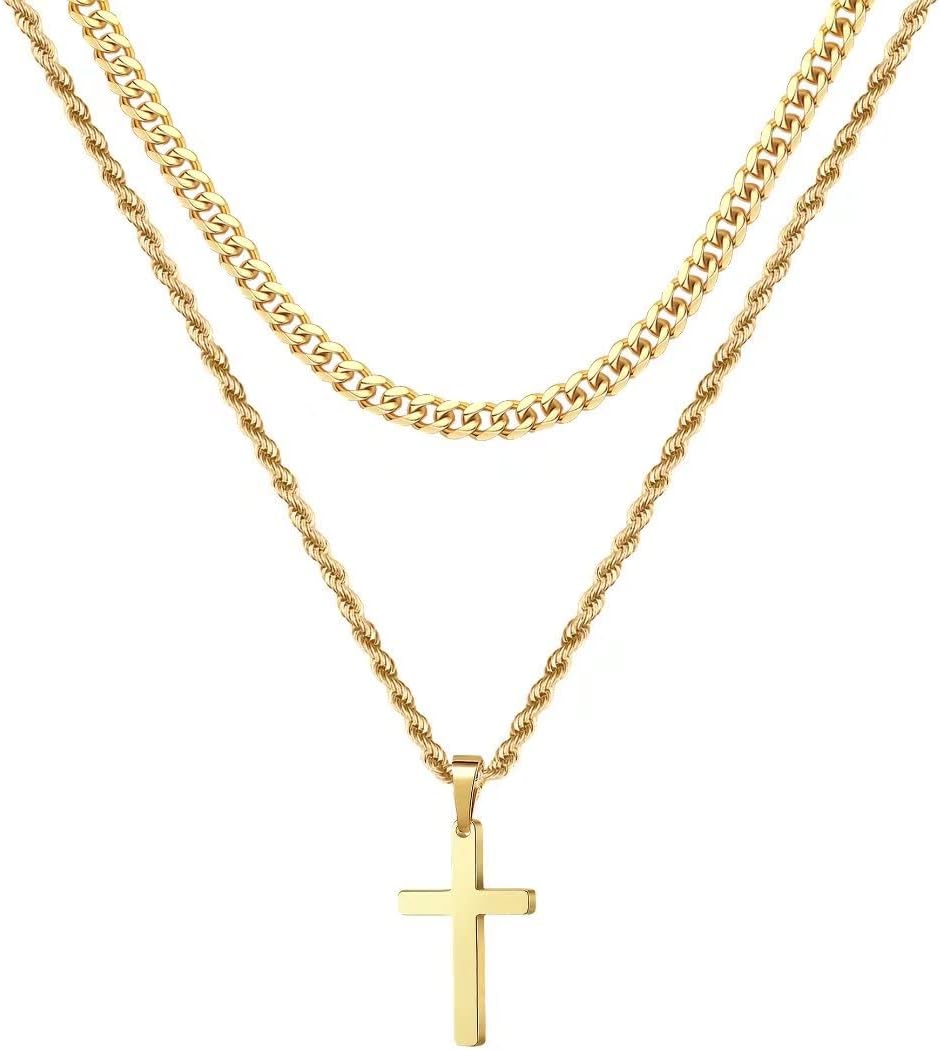 Layered Cross Necklaces for Men - 18K Gold Plated Cross Necklaces Chain for Men Boys Gifts, Silver Rope Chain Layered Necklace Jewelry 16 18 20 22 24 Inch, 16 inches, 18 inches, Stainless