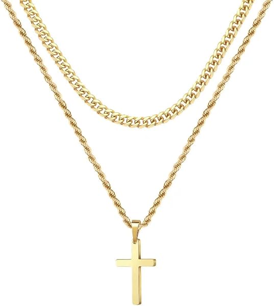Ursteel Layered Cross Necklaces for Men - 18K Gold Plated Cross Necklaces Chain for Men Boys Gifts, Silver Rope Chain Layered Necklace Jewelry 16 18 20 22 24 Inch, First Communion Gifts for Boys