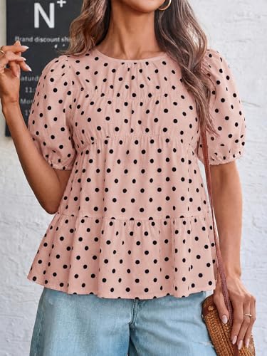 Image of Tankaneo Womens Puff Sleeve Peplum Babydoll Tops Summer Flowy Pleated Cotton T-Shirts Casual Loose Fit Cute Blouse