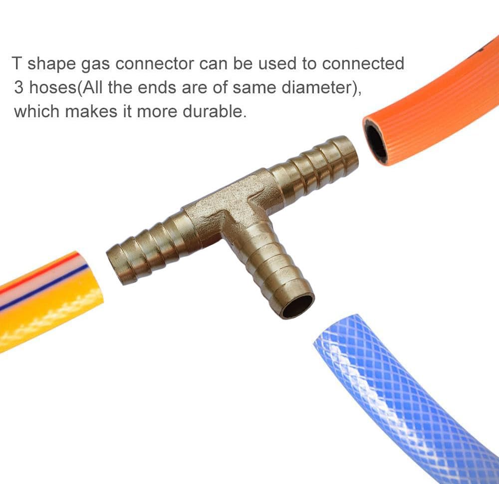 ESEKSAFAR Brass barb connector Hose pipe Fitting for Water/Fuel/Air/Pneumatic and etc (2-Years warranty) (10mm T-way barb connector with 3pc-Clamp) 3