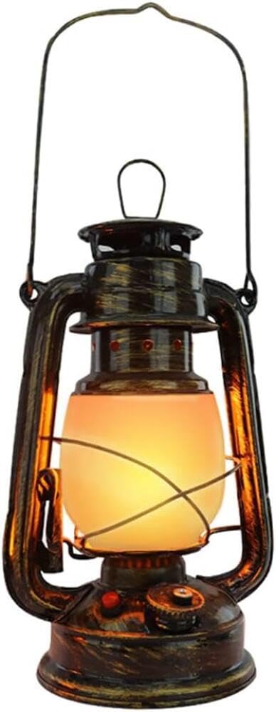 Vintage Lantern Rechargeable LED Battery Camping Lantern Retro Storm Outdoor Cordless Table Lamp Realistic Flame Light Hanging Oil Lamp with Dimmable Switch for Pathway Patio Decoration Bronze LUMEIRA