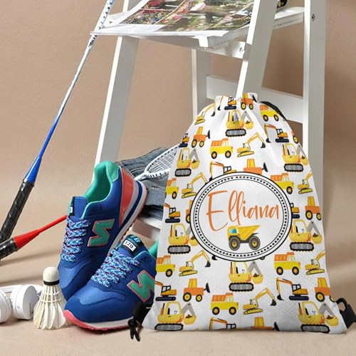 Construction Tractor Truck Draw String Bags with Name Text Personalized Sports Gym Sackpack for Womens Mens3