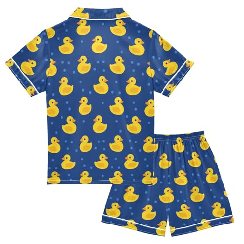 Yellow Cute Ducks Summer Satin Pajama Set, Cute Button-Down Sleepwear Pj Set for Sleep Wears2