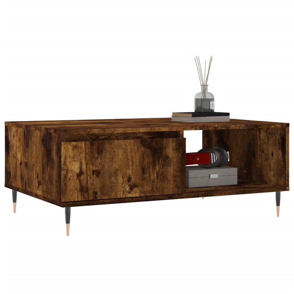 Couchtisch mit Ablagefächern 90x60 cm, Sofatisch Räuchereiche Eisen Gestell, Holzwerkstoff Couchtisch 90x60x35 cm