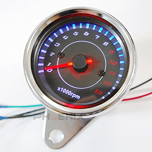 PHOENIX バイク スクーター 二輪 バギー ATV トライク 12V LED 汎用 電気式 13000rpm タコメーター 黒/メッキ