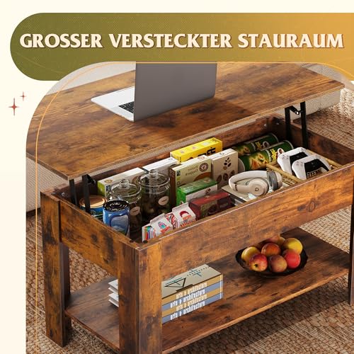 WLIVE Höhenverstellbarer Couchtisch mit Ablage, Wohnzimmertisch Rechteckig mit Offener und versteckter Stauraum, Kaffeetisch für Wohnzimmer, Schlafzimmer (Industriell, Rustikales Braun) – Bild 5