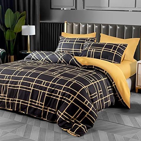 Pamposh King Size Bedding Set Black & Gold Doublesided Duvet Cover Set 3 PCS With Pillowcases Ultra Soft Anti Allergic Non Iron Luxury Microfiber (Black, King (220 x 230 cm)) Cover