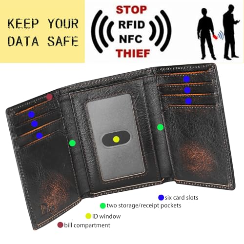 Image of DK86 Deer Trifold Wallets for Men Full Grain Leather with Hand Burnished Tri-Fold Wallet RFID Blocking (Black and Brown)