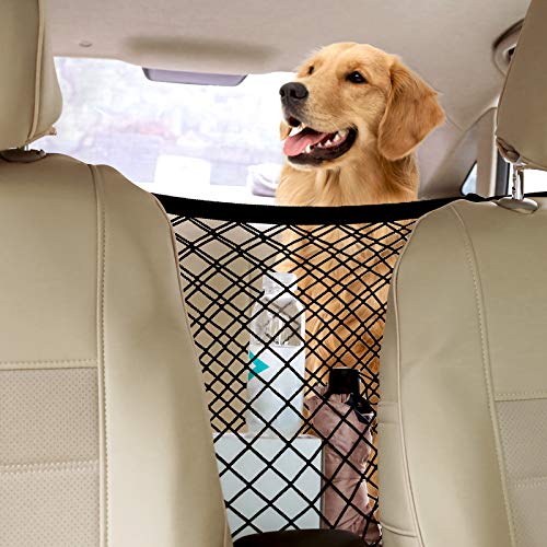 Rabbitgoo Dog Car Net Barrier,13.98" × 15.55", Metal Hooks & Stretchable Mesh Obstacle, Back Seat Net Organizer, Design For Pet Disturb Stopper & Storage Pouch, Drive Safely With Children & Pets #TOP1