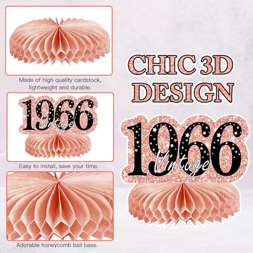 Image of 9Pcs 60th Birthday Decorations Honeycomb Centerpieces for Women, Rose Gold Pink Happy 60th Birthday Centerpieces Tables Toppers Party Decorations Supplies, Vintage 1966 Aged Table Sign Decor