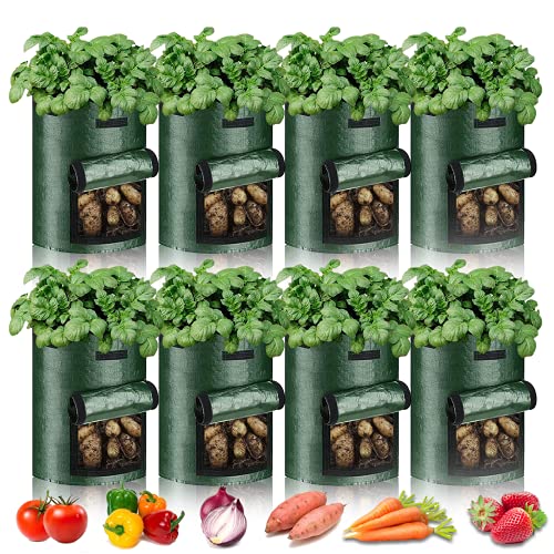 PfiHom 10 Gallon Potato Grow Bags-8 Packs, Heavy Duty Thickened Plant Growing bags UK for Tomatoes Carrot & Other Vegetables (Dark Green)