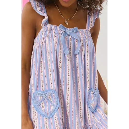 Image of HOXIJIA Women Cute Floral Printed Mini Dress Sleeveless Bow Front Loose Ruffled Short Dress Summer Gingham Babydoll One Piece