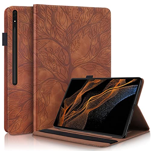 Succtopy Coque Samsung Galaxy Tab S8 Ultra 14,6 Pouces 2022,PU Cuir Cover Tablette Housse de Protection avec S Pen Holder,Portefeuille Tablet Étui pour Samsung S8 Ultra 2022 SM-X900/SM-X906,Brun