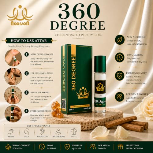 Image of 360 Degree Attar 6ml | Long Lasting Premium Alcohol-Free Perfume Oil for Men & Women | Roll-On Ittar Fragrance | Rich, Exotic & Concentrated Aroma | Travel Friendly Pocket Perfume
