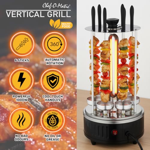 Chef-o-Matic 360° Rotisserie Grill – 1000W Smokeless Indoor BBQ, 6 Skewers Kebab Maker, Automatic Rotation, Oil-Free, Stainless Steel Design - Image 5