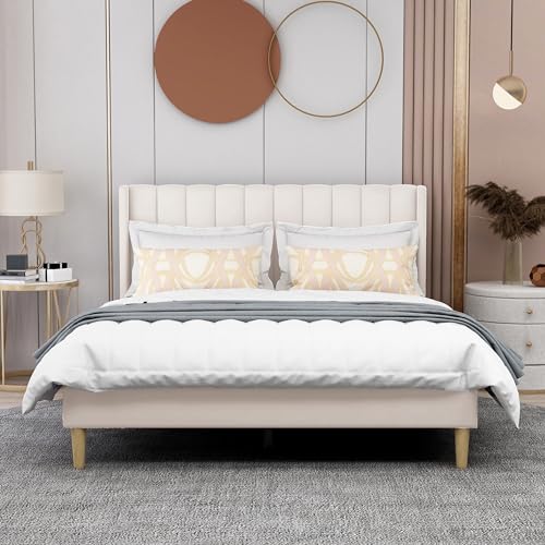 Image of AGARTT Upholstered Platform Bed Frame Queen Size, Beige Velvet