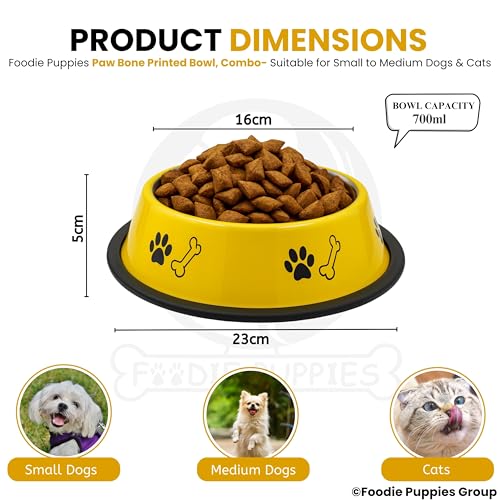 Image of Foodie Puppies Stainless Steel Dog Bowl Combo - (Medium, 700ml) Food and Water Feeding Gift Bowl | Suitable for Dogs, Cats and Other Pets I Paw Bone Print, Anti-Skid Rubber Base (Yellow + Orange)