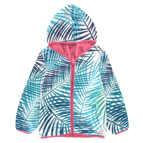 OTVEE Blue Green Palm Leaves Kids Hoodie Jacket Fall Spring Full Zip Warm Outwear Coat