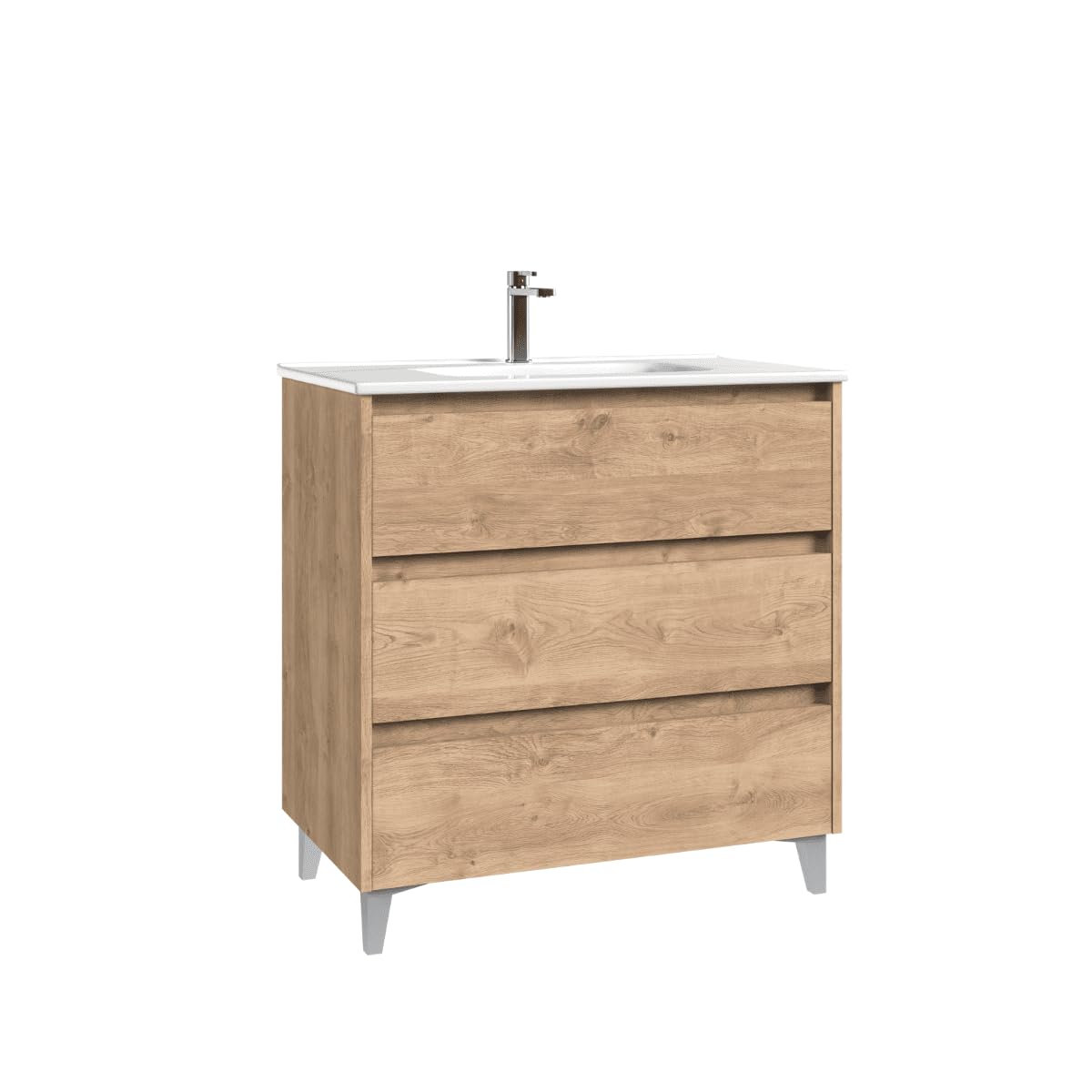 Mueble de Baño A Suelo con Lavabo Cerámico modelo Veloz|Mueble Baño con Patas Cromo 3 Cajones | 70 cm Roble Natural